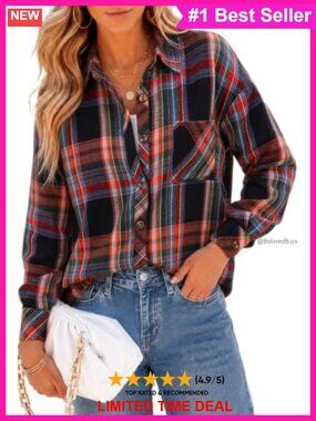 Oversized Flannel Shirt Button Down Long Sleeve Plaid Business Casual Blouse Top